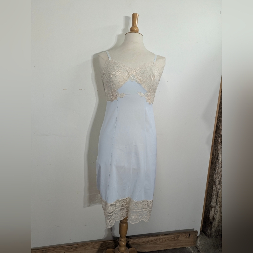 Vintage Lace Trim Light Blue Slip Dress Extraordinary Lace 34 S Ivory Stretch - Picture 15 of 15